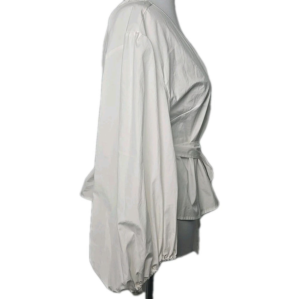 MK Michael Kors White Poplin Cotton‎ Puff Sleeve Wrap Top Large  L New $145 - Picture 4 of 10
